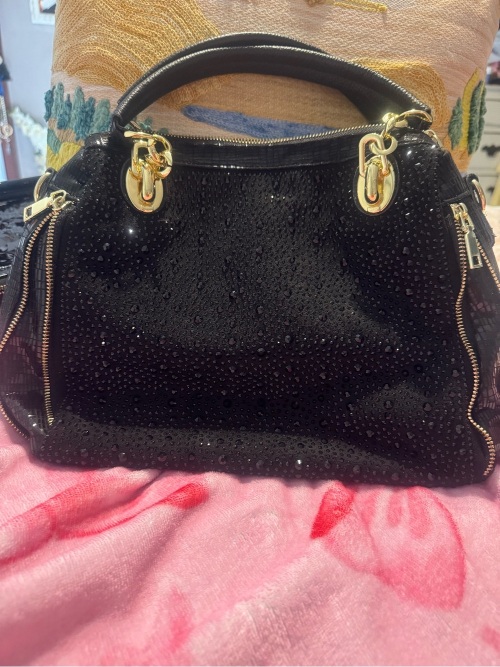 Black Embellished Top-Handle Women's Bag with Gold Hardware